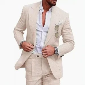 Men linen suit two piece set slim fit casual blazer and trousers for wedding party main view