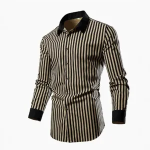 Men's long sleeve striped shirt with contrast black collar and cuffs slim fit business casual top