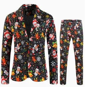 Abito stampato digitale di Natale da uomo set due pezzi giacca e pantaloni festivo elegante