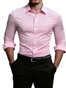 Men's long sleeve pink dress shirt casual slim fit solid color button down with pocket