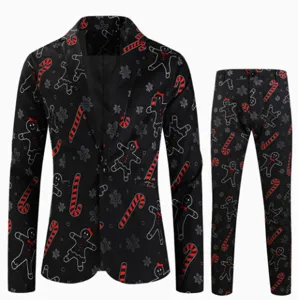 Eleganza uomo abito due pezzi con stampa digitale natalizia, giacca e pantaloni.