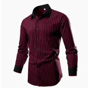 Mens striped long sleeve shirt business casual slim fit button down collared shirt male