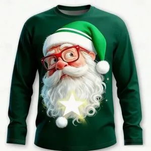 Men's Christmas Long Sleeve T-shirt Funny 3D Santa Print Crew Neck Casual Green Pullover