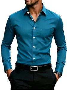 Men's casual solid color long sleeve dress shirt with chest pocket, European fit style.