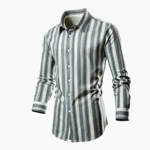 Men's business casual long-sleeve striped shirt with slim fit and classic turn-down collar.