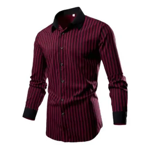 Men's fashion striped long sleeve shirt slim fit casual button down shirt with contrast collar