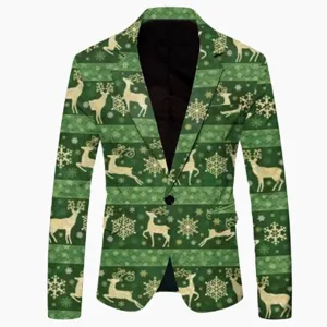 Men's Slim Fit Christmas Blazer Holiday Party Top Polyester Printed Reindeer Snowflake Pattern Festive Xmas Suit Jacket