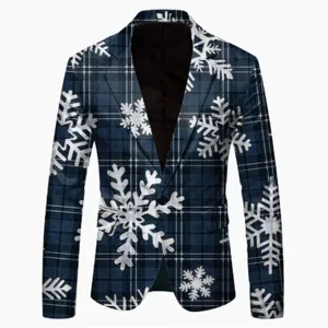 Men's Christmas Snowflake Plaid Casual Blazer Winter Holiday Party Suit Jacket