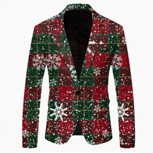 Christmas men's festive red green plaid blazer casual slim fit suit jacket for party