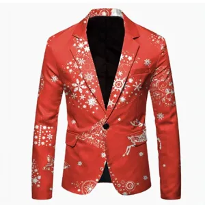 Red Christmas printed mens slim fit casual blazer jacket for holiday parties and weddings
