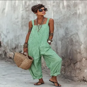 Summer sleeveless green striped loose casual jumpsuit for women, stylish street style outfit.