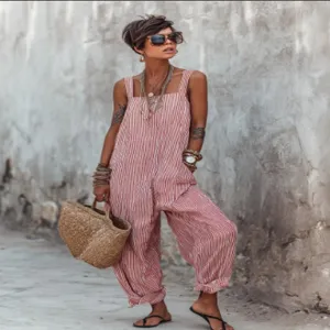 Outdoor detail view of a stylish red and white striped sleeveless loose casual jumpsuit.