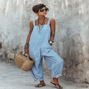 Women casual striped sleeveless loose jumpsuit summer fashion beach wear streetwear