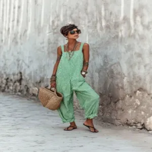 Women's Striped Sleeveless Jumpsuit Polyester Printed Loose Casual One-Piece Wide Leg Jumpsuit For Summer Vacation Daily Wear Top And Bottom