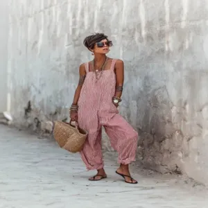 Women Summer Sleeveless Striped Print Loose Casual Jumpsuit Beach Romper Outfit