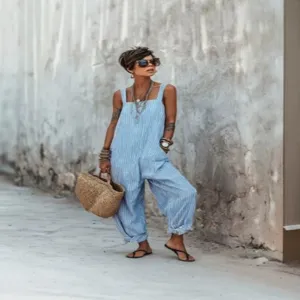 Women's summer sleeveless striped loose casual jumpsuit, stylish outdoor streetwear main photo.