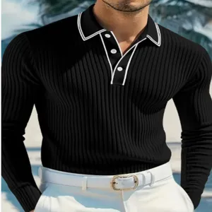Men Long Sleeve Polo Shirt Contrast Color Patchwork Lapel Ribbed Knit Top Sporty Casual Slim Fit Polyester Breathable Pullover