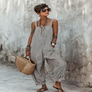 Women's sleeveless striped loose casual jumpsuit summer fashion vintage streetwear apparel