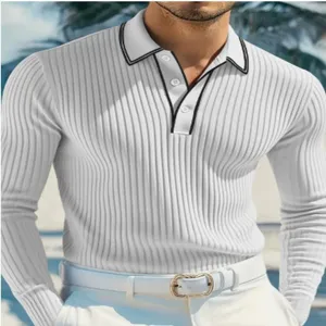 Close-up detail of the men's long-sleeve ribbed knit polo shirt featuring stylish contrast collar.