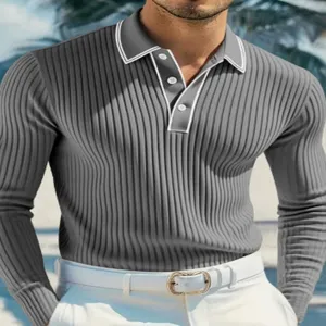 Men's long sleeve knitted polo shirt with contrast collar detail and ribbed texture for daily wear.