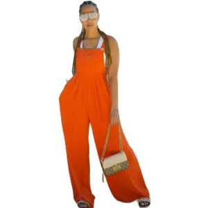 Femme décontracté couleur unie jambe large salopette combinaison orange élégante