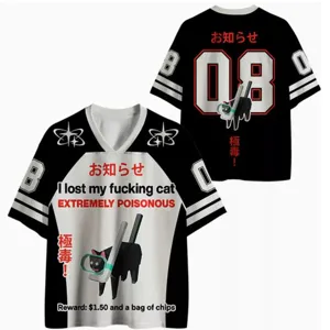 Detail view of mens short sleeve V-neck 3D print funny cat graphic t-shirt casual top.