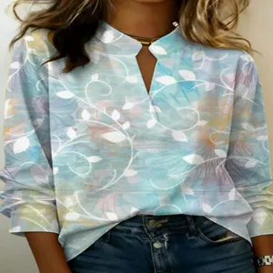 Casual damesblouse met lange mouwen, abstracte bloemenprint en V-hals voor de lente.