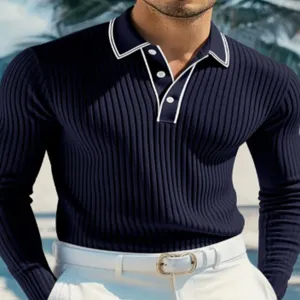 Men's long sleeve ribbed polo shirt with contrast collar and button placket for casual daily wear.
