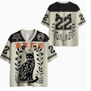Men's casual V-neck short sleeve sports jersey featuring a stylish cat and floral print.