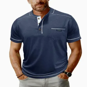 Maglietta henley manica corta da uomo con tasca, top estivo casual per uso quotidiano.