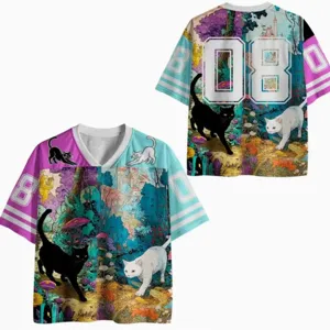 Men casual breathable 3D digital print V-neck short sleeve jersey with fantasy cat design.