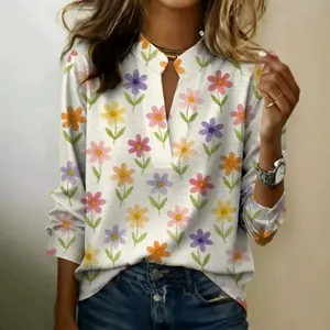 Dames lange mouw V-hals casual bloemenprint trui shirt top lente mode kleding stijl.