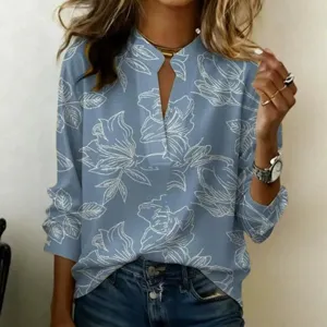 Dames casual V-hals lange mouw bloemenprint overhemd top, stijlvolle kleding voor de lente.