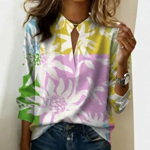Dames Casual V-hals Lange Mouw Polyester Top Digitale Bloemen Geometrische Print Bohemian Stijl Losse Blouse