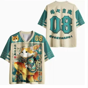 Detailed view of 3D digital printed men short sleeve t-shirt with Japanese cat and koi design.