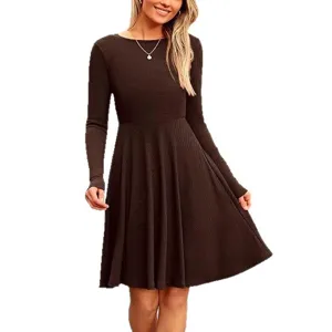 Women's long sleeve solid color ribbed midi dress casual elegant A-line fall dress