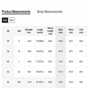 Detailed size chart for men's linen suit, showing shoulder, bust, and length measurements.
