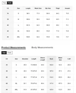 Guide des tailles pour ensemble de costume slim pour homme, voir les mesures US 36-44.