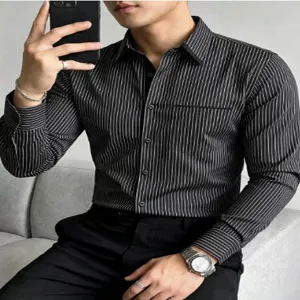 Men casual black white striped long sleeve shirt slim fit button down shirt detail view