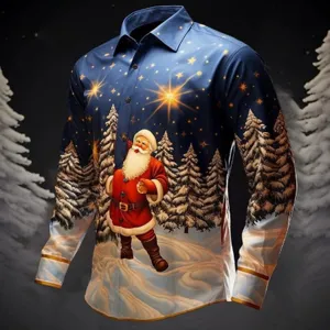 Camisa de manga larga de Navidad para hombre con estampado de Papá Noel 3D, fiesta festiva.