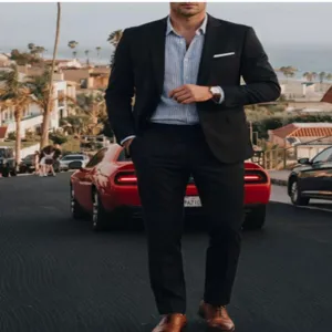 Men's slim fit black suit two-piece set detail view, stylish business wear fashion choice.