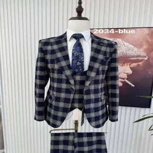Men slim fit plaid 3-piece suit casual business wedding blazer vest trousers outfits