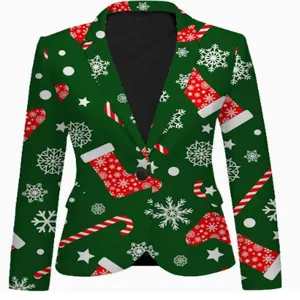 Close-up view of the Christmas print blazer showcasing vibrant snowflake and stocking patterns.