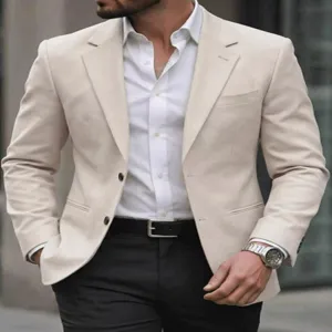 Veste de blazer beige décontractée pour homme, élégante pour fête et usage quotidien.