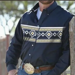 Men's Vintage 3D Printed Shirt Slim Fit Long Sleeve Button Up Casual Formal Polyester Western Ethnic Geometric Shirt