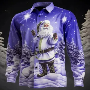 Elegante Camisa de manga larga de Navidad con estampado digital 3D Papá Noel hombre