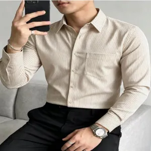 Detail shot of men's casual long sleeve striped shirt, classic lapel and front button design.