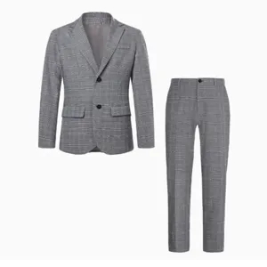 Detail view of men's grey plaid two-piece business suit jacket and trousers.