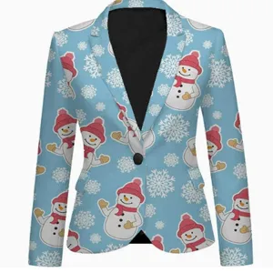 Close-up detail of light blue Christmas snowman printed blazer jacket with single button.
