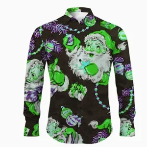 Vista detallada de la camisa de manga larga con estampado de Santa Claus verde para fiesta.
